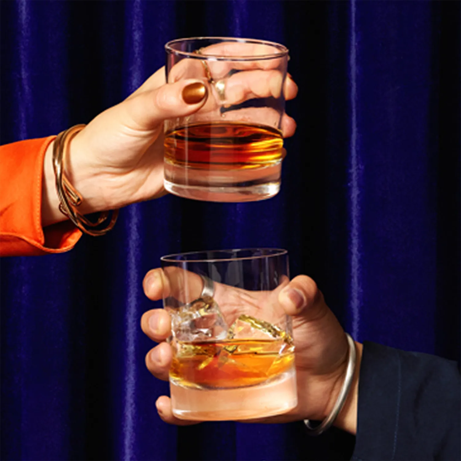 Whisky Glass Toast Hands Blue Curtain Background Auchentoshan